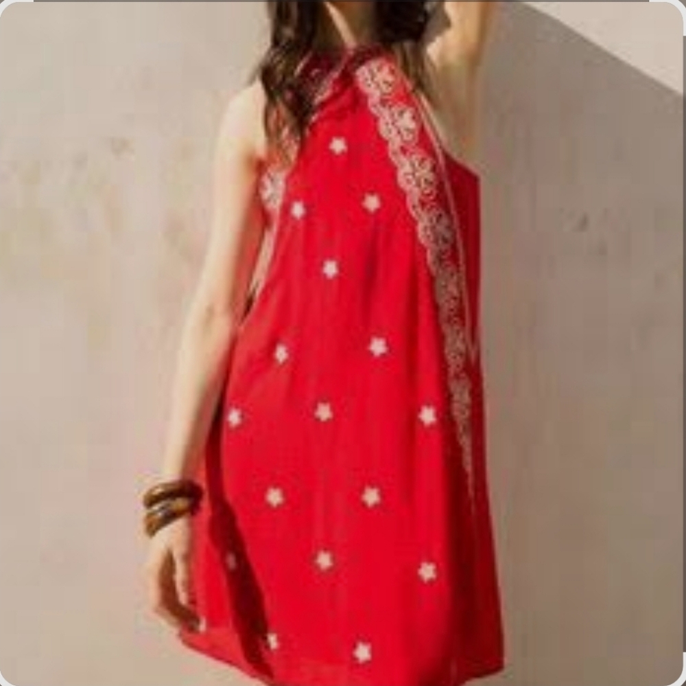 #49 THML Red Halter Shift Dress with White Embroidered Accents